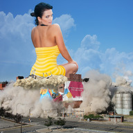giantess collage destruction wonderslug sitting streets back smoke clouds sky denise_milani looking_at_viewer dust behind_view