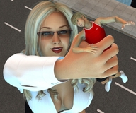 giantess small_man city blonde handheld cleavage glasses streets held_up kidnapped downward_angle boomgts looking_at_tiny digital_render