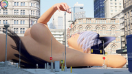 breasts giantess nude vore small_man city buildings lying_down shrunken_people open_mouth streets set wolf_girl between_lips city_street tiny_mk himeko-houkou looking_at_tiny digital_render