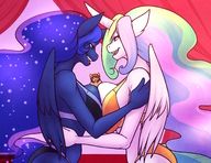 bikini breasts drawing panties furry anthro color large_breasts long_hair blue_eyes bra princess blue_hair breast_crush purple_eyes blue_skin lesbians shrunken_man open_mouth hugging indoors sheela commission squeezing my_little_pony horn princess_celestia hand_on_hips butternut alicorn ponies princess_luna looking_at_tiny multicolored_hair humanized_pony pale_skin hand_on_shoulder jsk244 bare_midriff between_breasts ethereal_hair