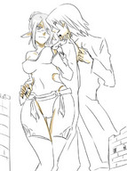 breasts drawing giantess monochrome giant glasses castle couple medieval dica pointed_ears