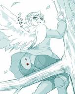 drawing crush panties blushing wings upskirt angel monochrome butt butt_crush blood low_angle tree shrunken_men unaware nina foreign_text breath_of_fire