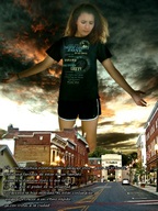 giantess collage clothed buildings brunette low_angle unknown_artist looking_down sky point_of_view foreign_text fire_storm