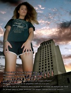 giantess collage clothed buildings brunette low_angle unknown_artist hand looking_down sky point_of_view foreign_text