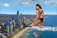 giantess collage city mega butt swimsuit beach ocean brunette wonderslug kneeling airplane shrunken_people looking_down skyscraper clouds sky aerial_view australia carla_ossa gold_coast