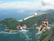 breasts giantess collage swimsuit destruction multiple_giantesses barefoot cleavage ocean buildings brunette wonderslug cruise_ship sunglasses giantesses bay clouds sky aerial_view bikini_top lucy_pinder sunken_ship janine_habeck