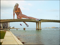 giantess collage blonde long_hair bridge water low_angle wonderslug sitting legs falling back vehicles clouds sky behind_view overpass