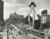 giantess collage city monochrome clothed high_heels buildings smiling kneeling shrunken_people streets hat charisma_carpenter giantesscity 1950s