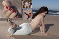 collage micro feet black_hair beach toes barefoot ocean climbing topless shrunken_men shrunken_man sand pedicure looking_at_viewer giantesscity
