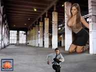 giantess collage small_man long_hair cleavage skirt kneeling running looking_at_viewer running_away squeezemeflat inside_building chaser