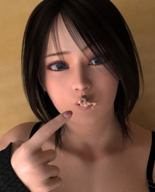 vore blue_eyes mouth handheld finger brunette couple shrunken_men face shrunken_woman looking_at_tiny digital_render