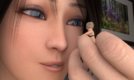 vore blue_eyes handheld brunette couple shrunken_men face shrunken_woman close_up between_fingers looking_at_tiny digital_render