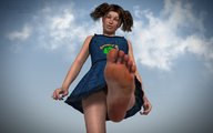 giantess barefoot skirt soles low_angle pigtails looking_down clouds sky foot_pov point_of_view looking_at_viewer imminent_crush digital_render