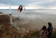 giantess collage bridge brunette smiling sky looking_at_viewer selena_gomez fog accasbel mist milau scenic_overlook