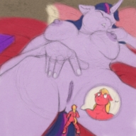 breasts drawing nipples giantess nude pussy furry masturbation anthro sleeping color large_breasts long_hair bed lying_down humor between_legs unaware shrunken_man indoors pencil_drawing dialogue my_little_pony twilight_sparkle matthew_the_mouse big_macintosh multicolored_hair
