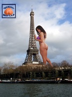 giantess collage butt brunette low_angle muscles clouds sky looking_at_viewer eiffel_tower squeezemeflat waterfront