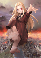 drawing giantess city mega blonde color destruction barefoot soles red_eyes low_angle fire skyscraper choker point_of_view raised_foot victorian_dress fate_(series)