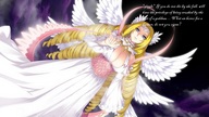drawing micro wings angel blonde color blue_eyes cleavage goddess low_angle story shrunken_men falling sky point_of_view looking_at_viewer dropped