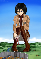 giantess black_hair blue_eyes town military_uniform xnr knee_high_boots attack_on_titan mikasa cronos