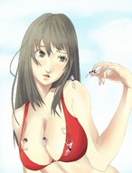 drawing gentle blushing color swimsuit handheld cleavage shrunken_men sky between_fingers pakfa0003jp looking_at_tiny between_breasts