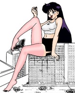 drawing giantess crush vore color destruction barefoot buildings sailor_moon hino_rei sitting_on_building