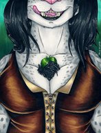 drawing giantess furry anthro black_hair color large_breasts clothed cleavage green_hair fangs bird licking_lips commission blondevelvet iancorvid between_breasts