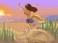 drawing furry anthro color beach barefoot canine shorts short_shorts running shrunken_man sunset fox_girl bikini_top labbeh