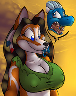 breasts drawing vore furry anthro color blue_eyes cleavage huge_breasts multiple_sizes smiling kisha canine hida fox_girl ripped_clothing labbeh badgerben