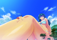 bikini drawing gentle giantess mega color long_hair swimsuit cleavage climbing teston low_angle leg sitting legs body_exploration outdoors sky palm_trees trees