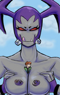 breasts drawing giantess horns alien color red_eyes shrunken_men fangs licking_lips ben_10 ben_ten oerba_yun_fang grey_skin way_bad between_breasts cartoon_network