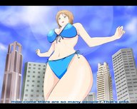 drawing giantess color swimsuit cleavage low_angle skyscrapers sky point_of_view