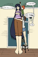 black_hair long_hair barefoot mini_giantess outdoors short_man long_legs measuring measuring_tape