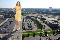 giantess collage shoes brunette wonderslug dress town streets vehicles under_foot parking_lot looking_at_viewer car_crush