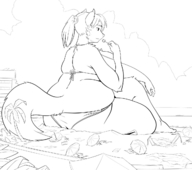 drawing giantess furry monochrome swimsuit beach huge_breasts ducky ponytail lollipop pencil_drawing imminent_vore