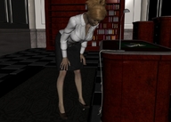 red_hair shrunken_men under_foot library leaning_forward digital_render