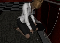 collage clothed skirt shrunken_men kneeling indoors pointing white_shirt