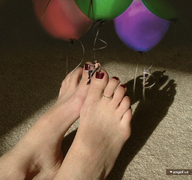 collage angel shrunken_men carpet party red_nails toe_ring balloons on_foot shadows
