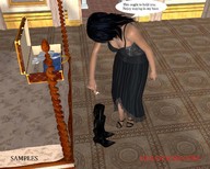 black_hair boots shrunken_men sandals entrapment dangle black_dress leaning_forward hglock digital_render