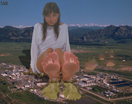 giantess mega destruction brunette foot_print outdoors looking_at_viewer