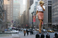 giantess collage city blonde skirt cars walking sunglasses outdoors crowds victoria_beckham collared_shirt