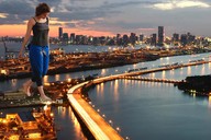 giantess collage city destruction barefoot pants smoke sunset top water_front