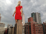 giantess collage city blonde buildings low_angle wonderslug dress skyscraper standing clouds sky point_of_view looking_at_viewer lightning jenni_czech lightning_bolt