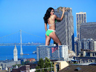 giantess collage city swimsuit bridge destruction water brunette wonderslug legs back skyscrapers sky behind_view sarah_ponce