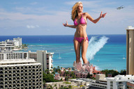 breasts giantess collage mega blonde swimsuit destruction beach water helicopter smiling looking_into_distance