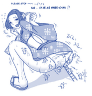 drawing story shrunken_men sandals pencil_drawing panty_entrapment leaning_forward
