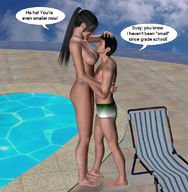 black_hair swimsuit story shrunken_men amazon pool looking_down digital_render