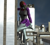 giantess red_hair looking_down outdoors raised_foot zombies purple_skirt