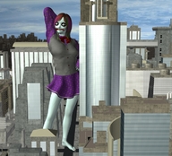 giantess red_hair tie outdoors futuristic zombies purple_skirt digital_render