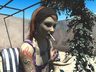 handheld red_hair shrunken_men shrunken_man tattoo msd60 smoking_giantess looking_at_tiny digital_render