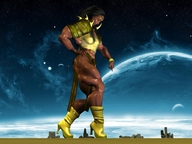 giantess black_hair high_heels muscles dark_skin outdoors looking_at_victim pointing_at_victim digital_render